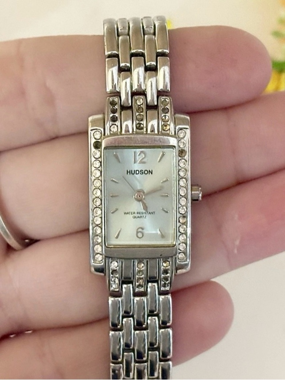 Hudson Crystal Rhinestone Rectangle Tank Watch WORKS Sparkly Cocktail Wristwatch
